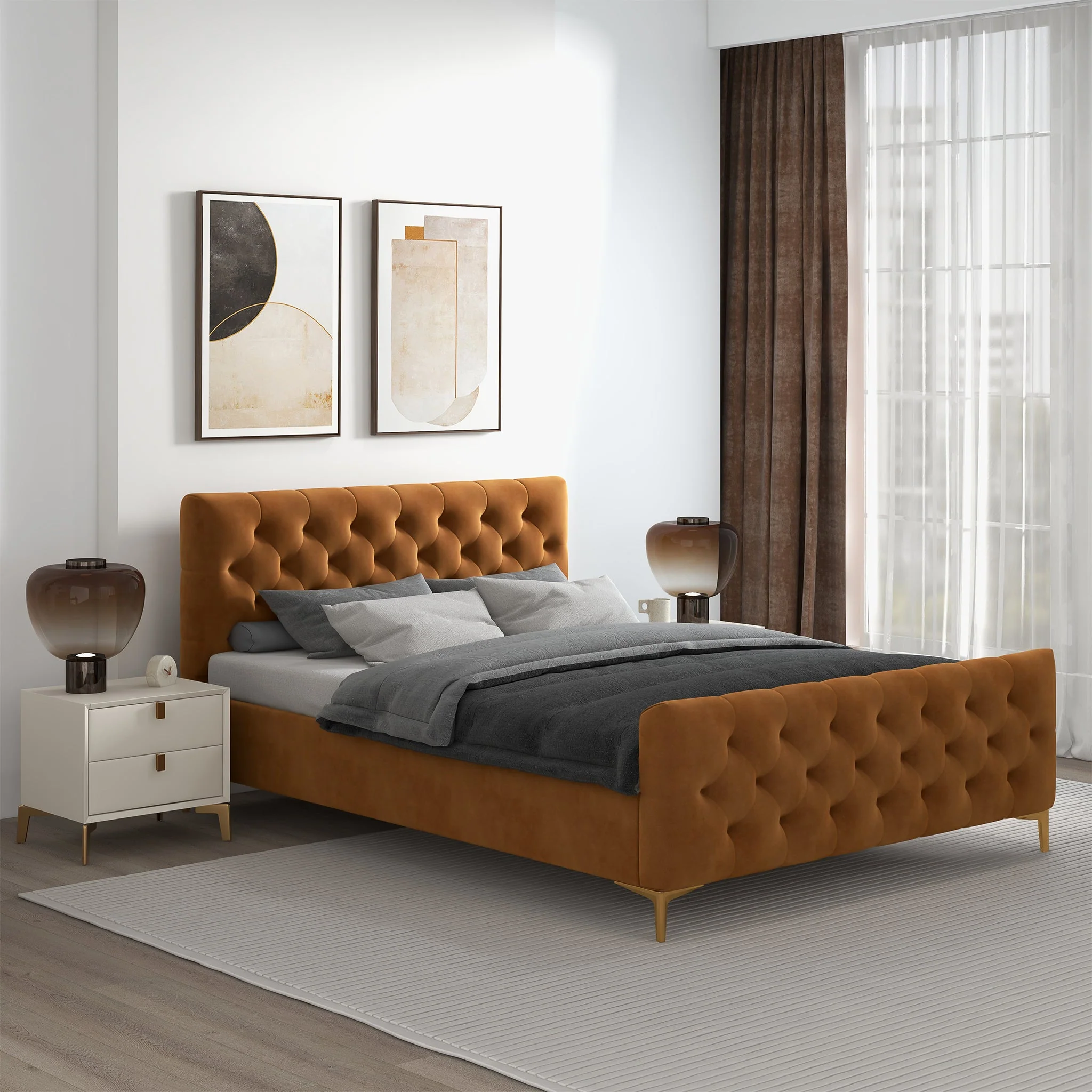Bailey Cognac Velvet Queen Bed - Image 2