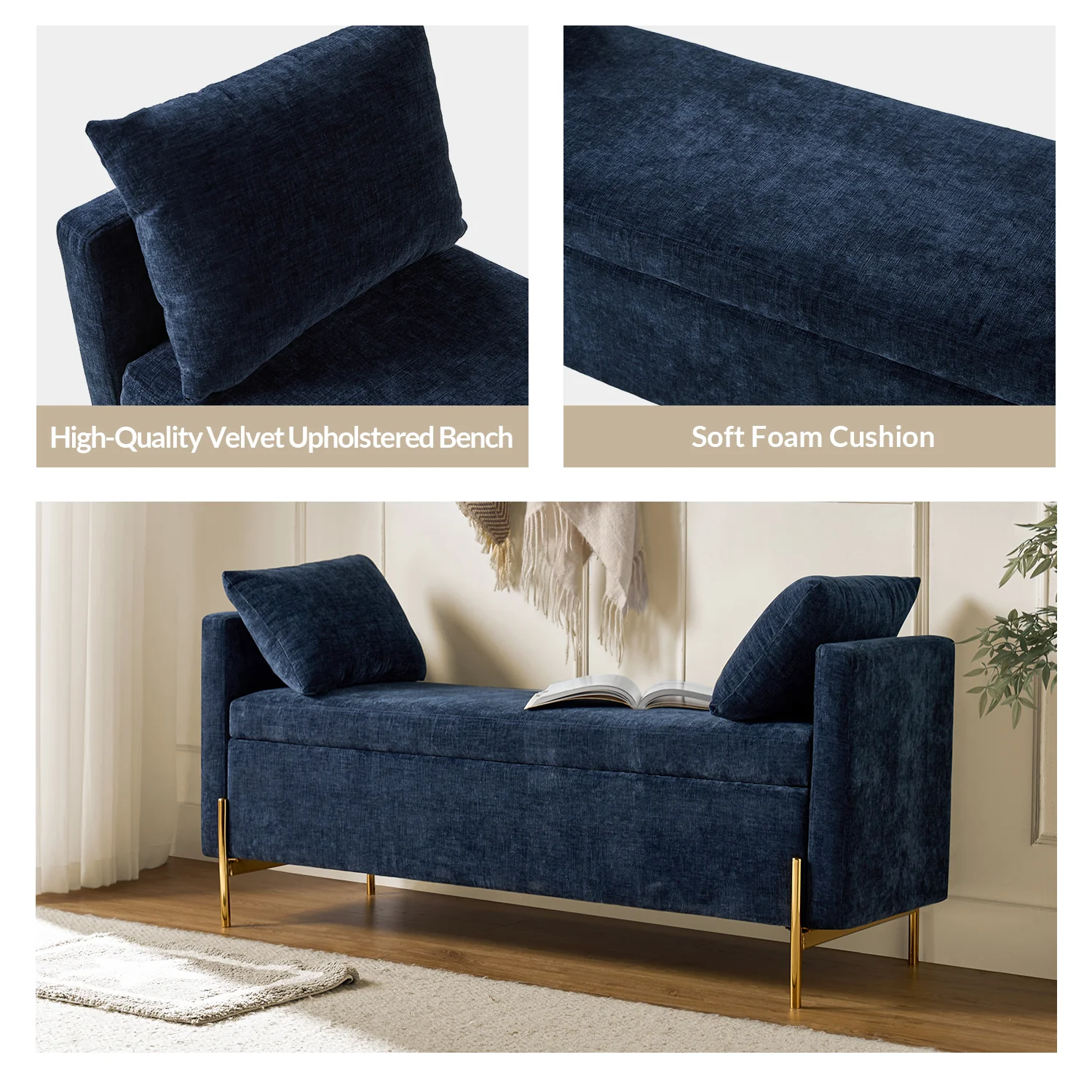 Arrigo Upholstered Flip Top Storage Bench in Navy - Image 4