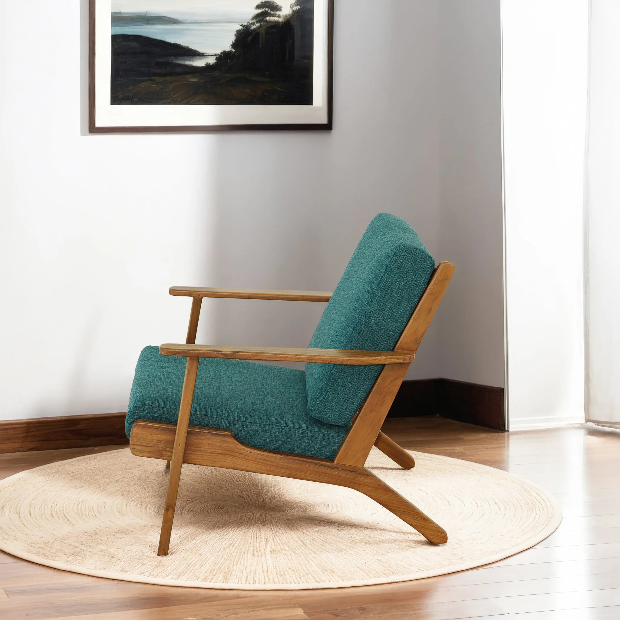 Connor Solid Wood Linen Lounge Chair - Teal - Image 3