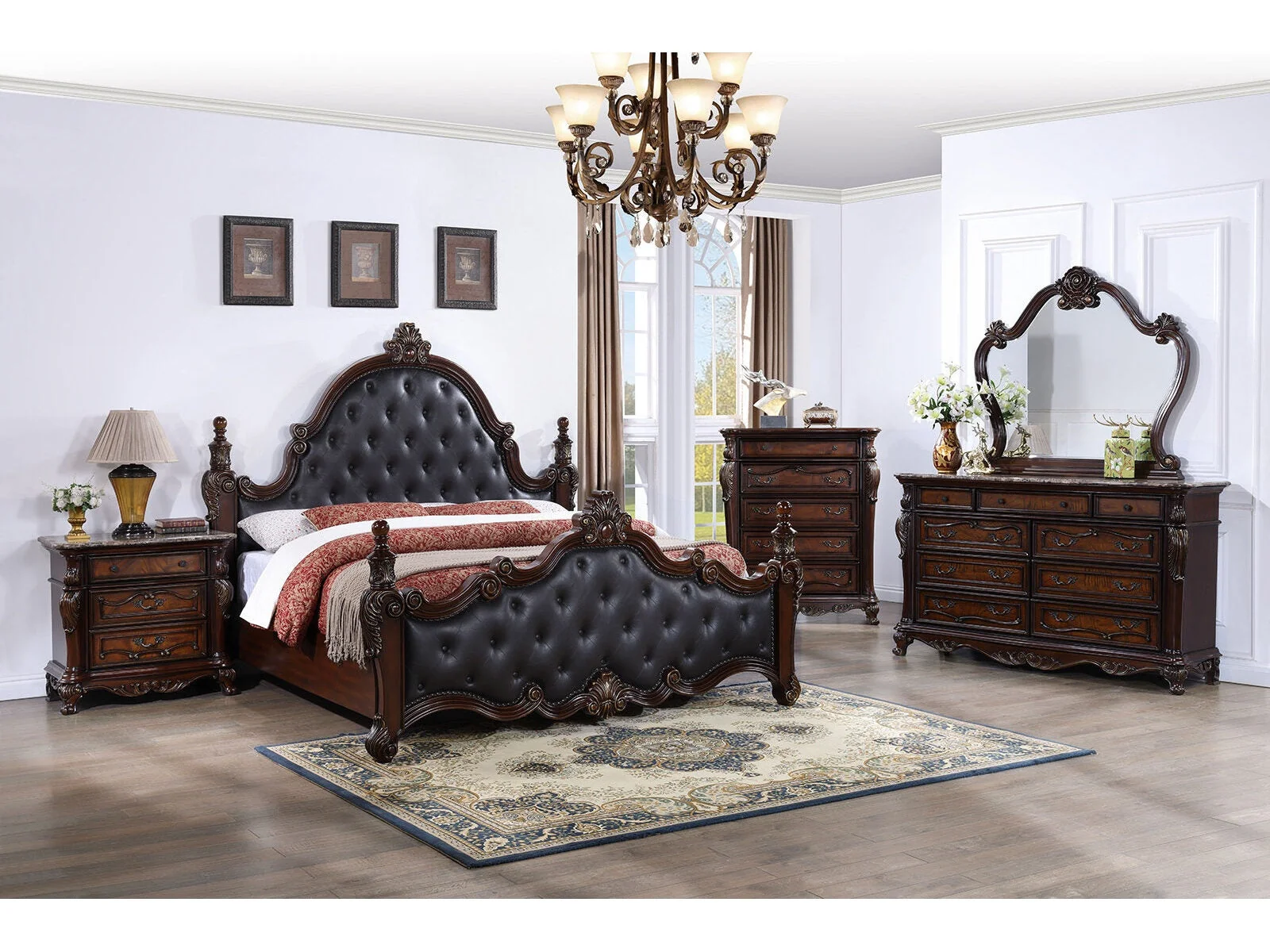 Cremona Dark Cherry 5 Pc. Queen Leatherette Bedroom Set w/ 2NS