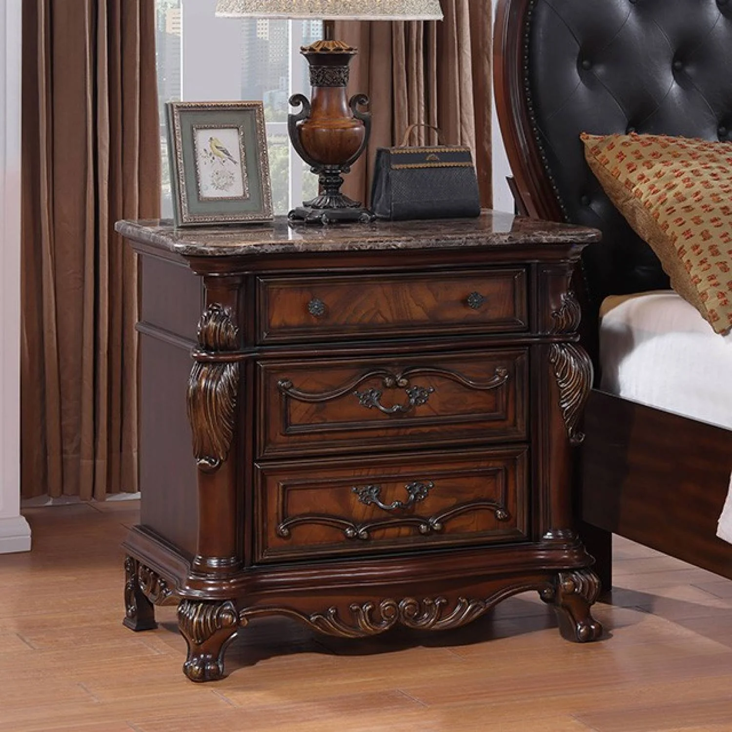 Cremona Dark Cherry 5 Pc. Queen Leatherette Bedroom Set w/ 2NS - Image 5