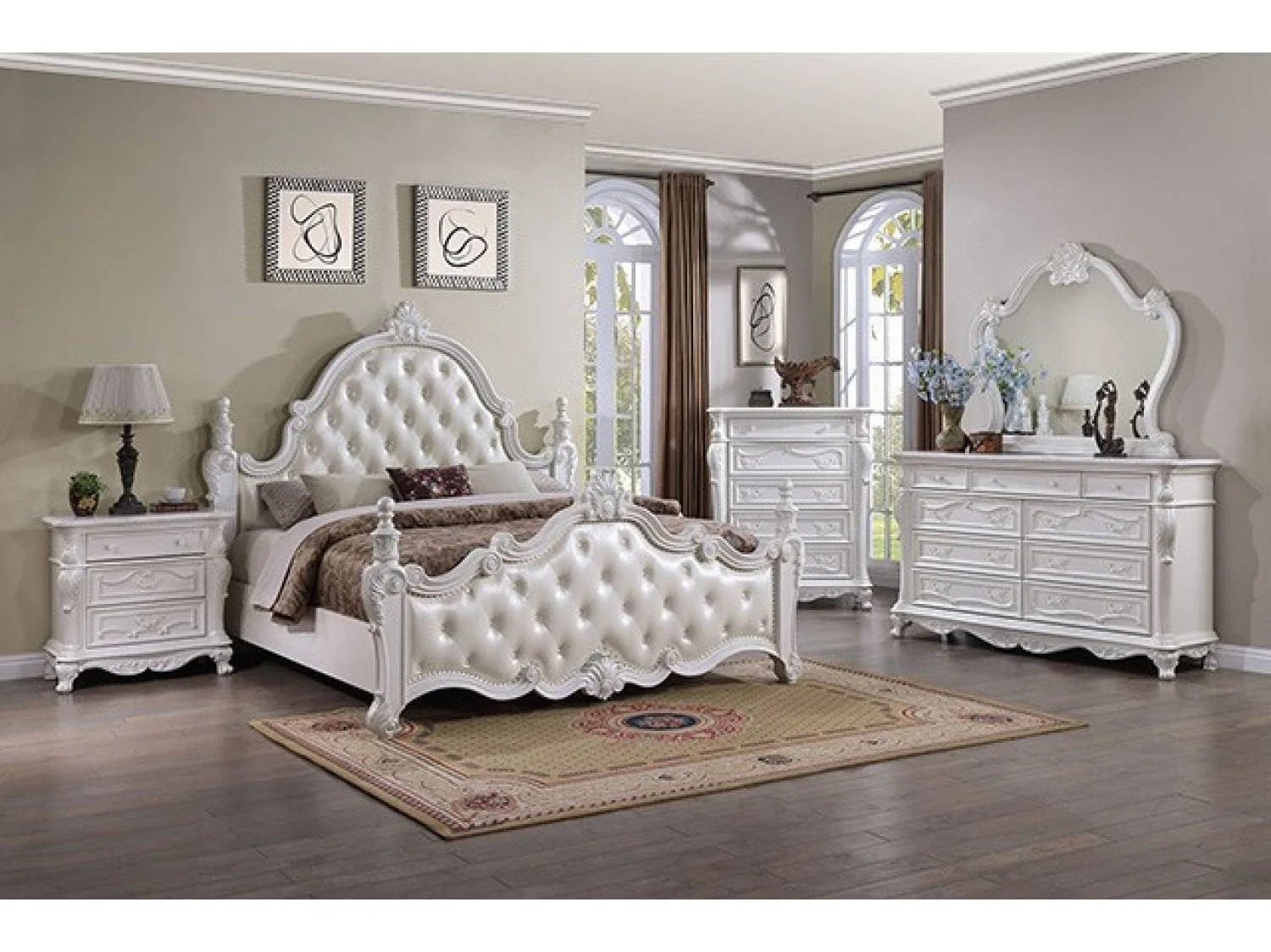 Cremona White 5 Pc. Queen Bedroom Leatherette Set w/ 2NS