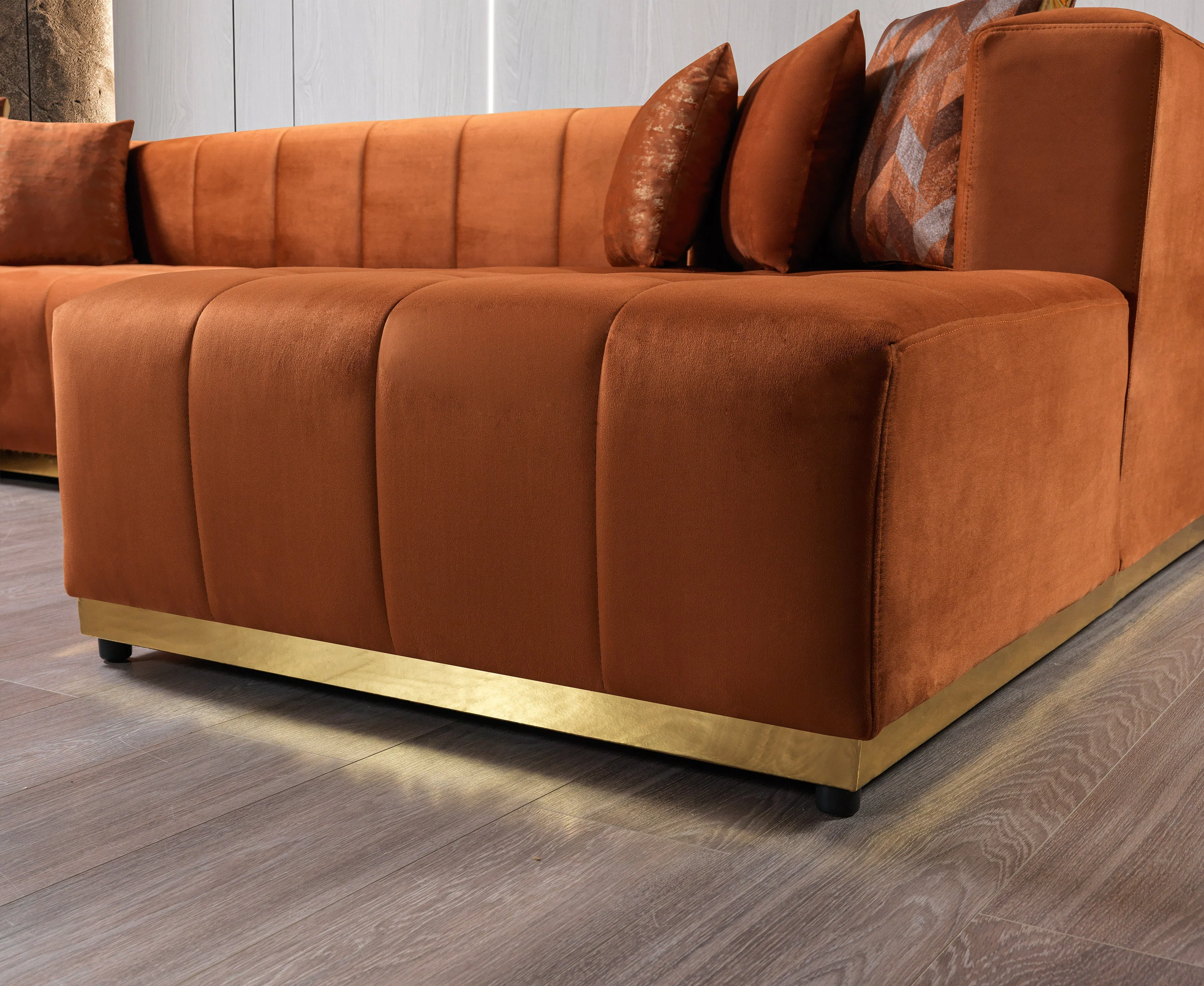 Elisha Orange Velvet Double Chaise 140" Sectional - Image 6