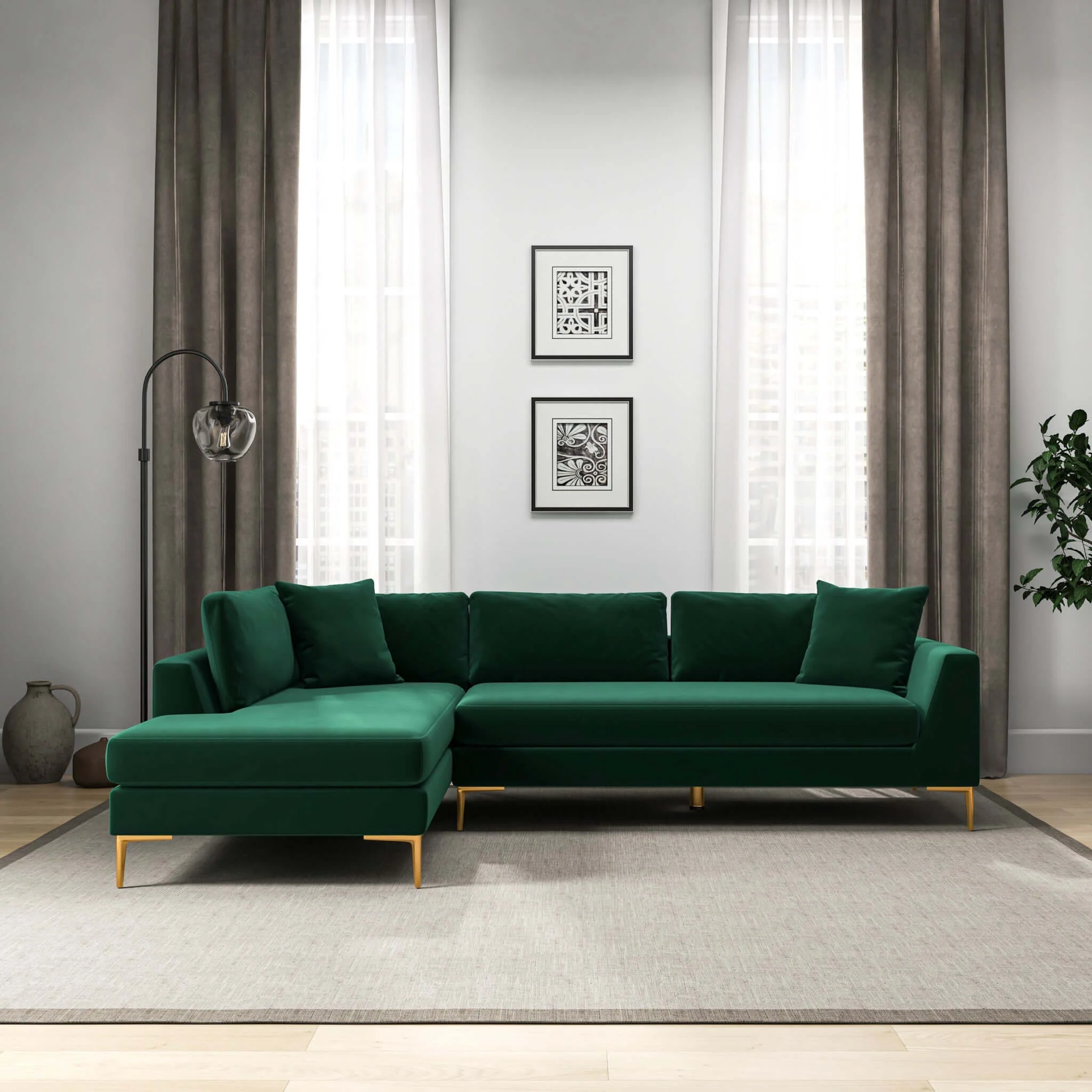 Mano L-Shaped Velvet Sectional Sofa In Green Left Facing - Image 2