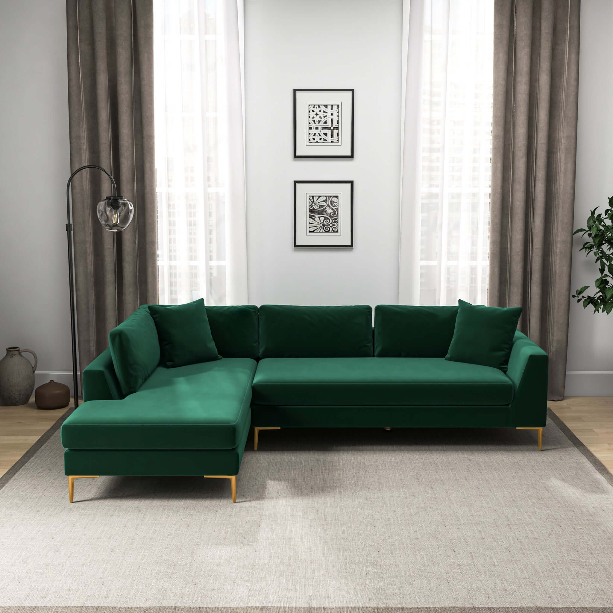 Mano L-Shaped Velvet Sectional Sofa In Green Left Facing - Image 3