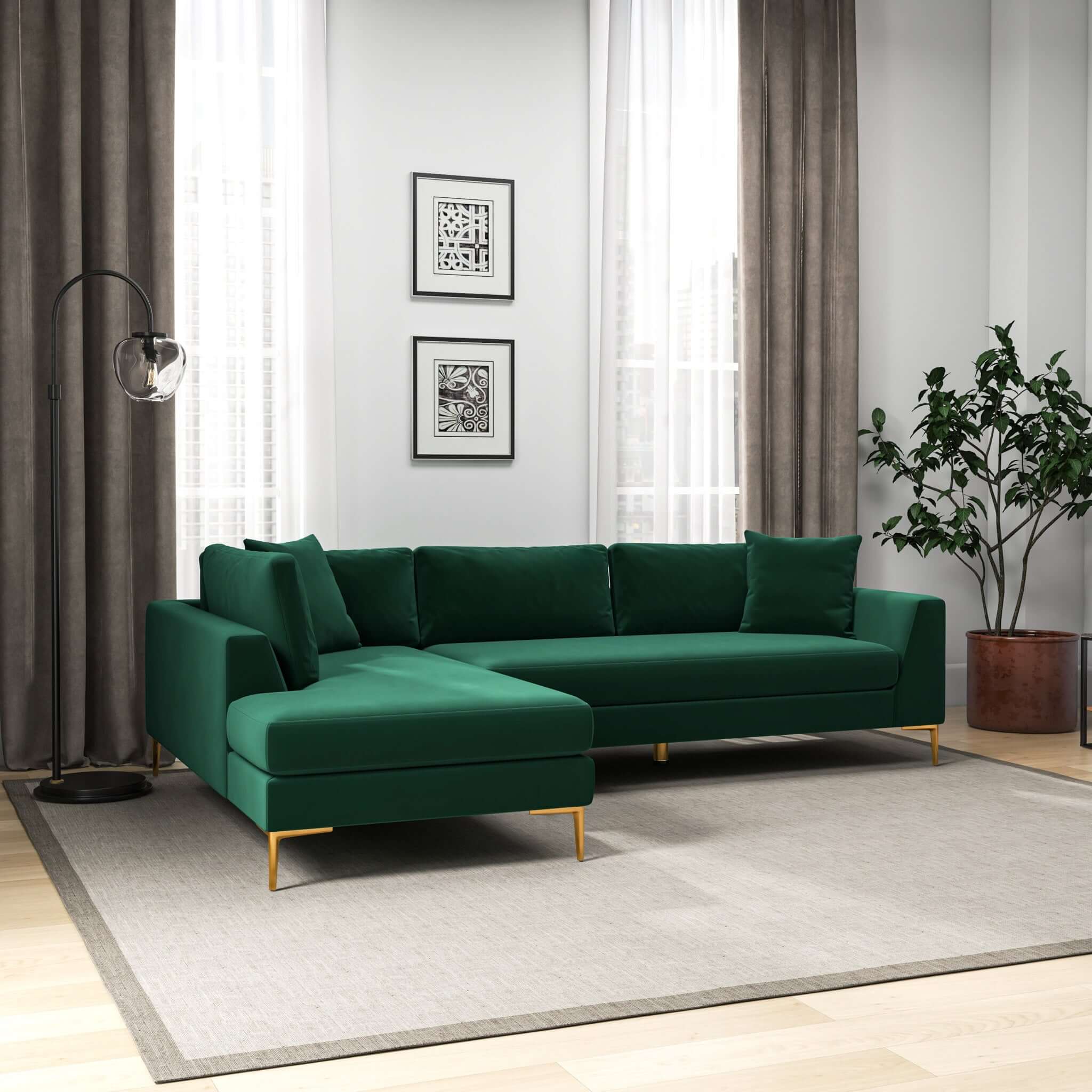 Mano L-Shaped Velvet Sectional Sofa In Green Left Facing - Image 4