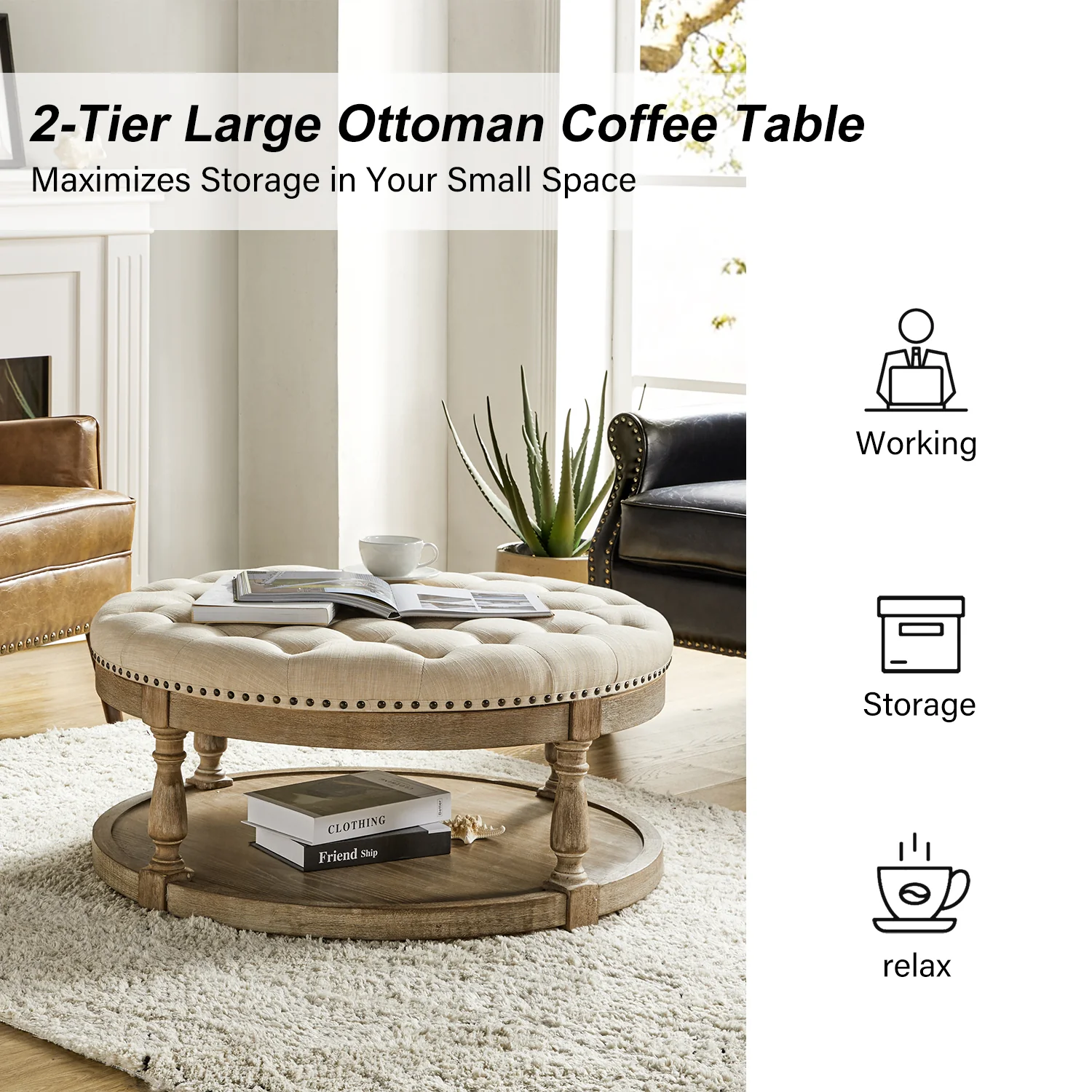 Deoius Tufted Round Cocktail Ottoman with Storage in Linen - Image 5