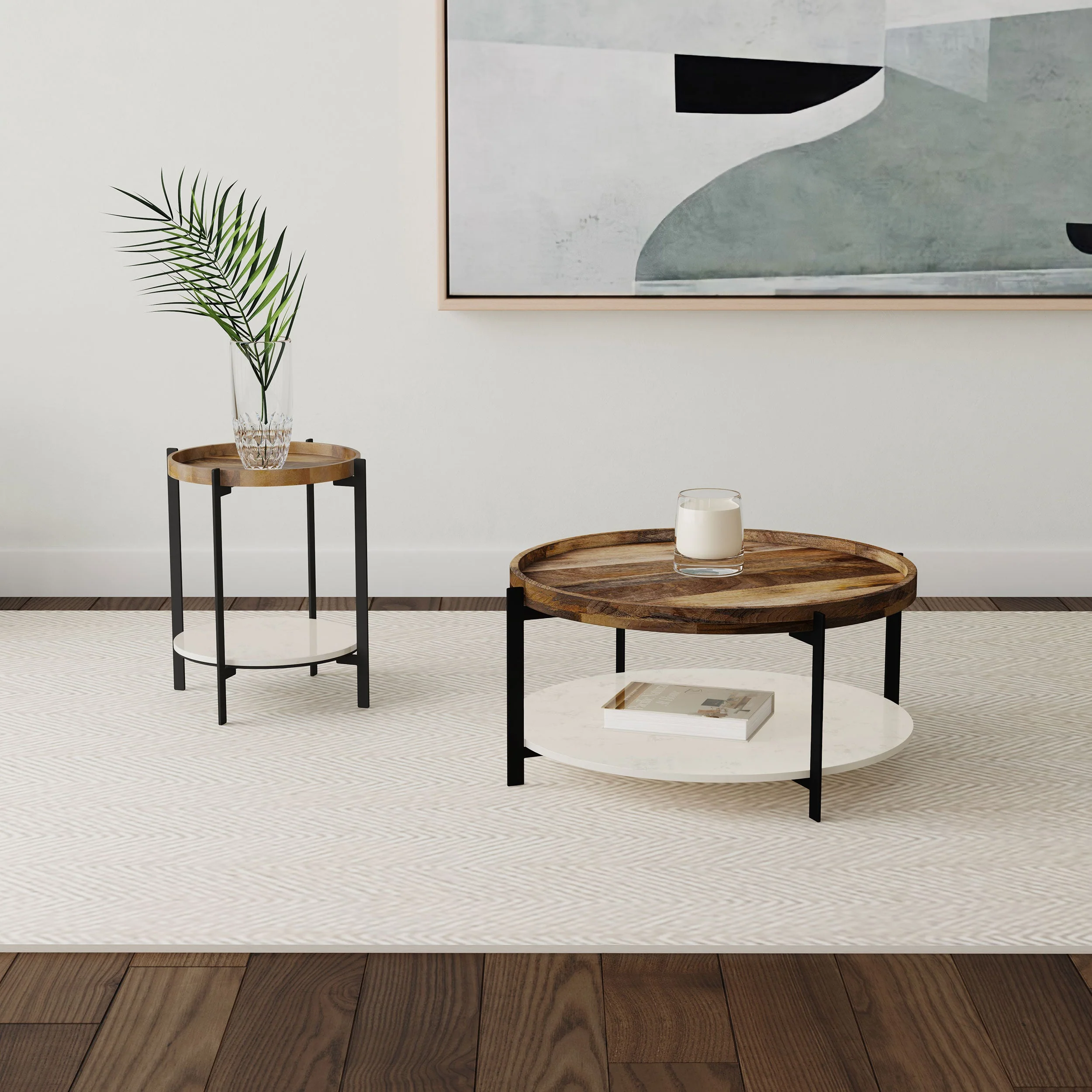 Adhvik Round Wood Top Marble Shelf Coffee Table Natural - Image 7