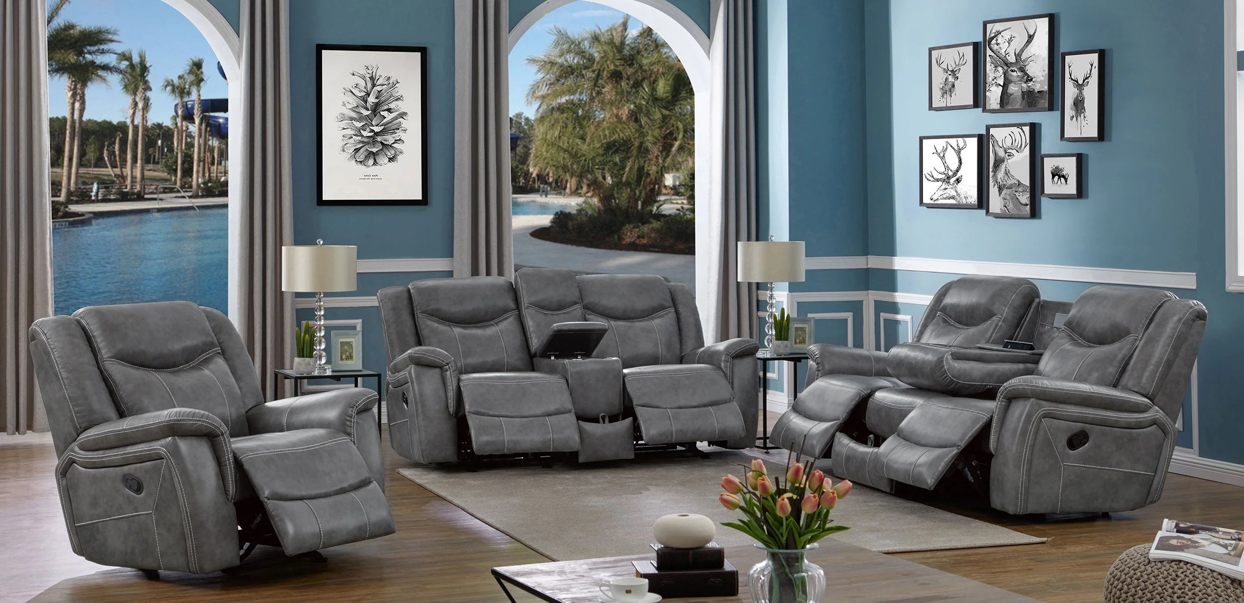 Conrad Upholstered Padded Arm Motion Sofa Set Grey - Image 6
