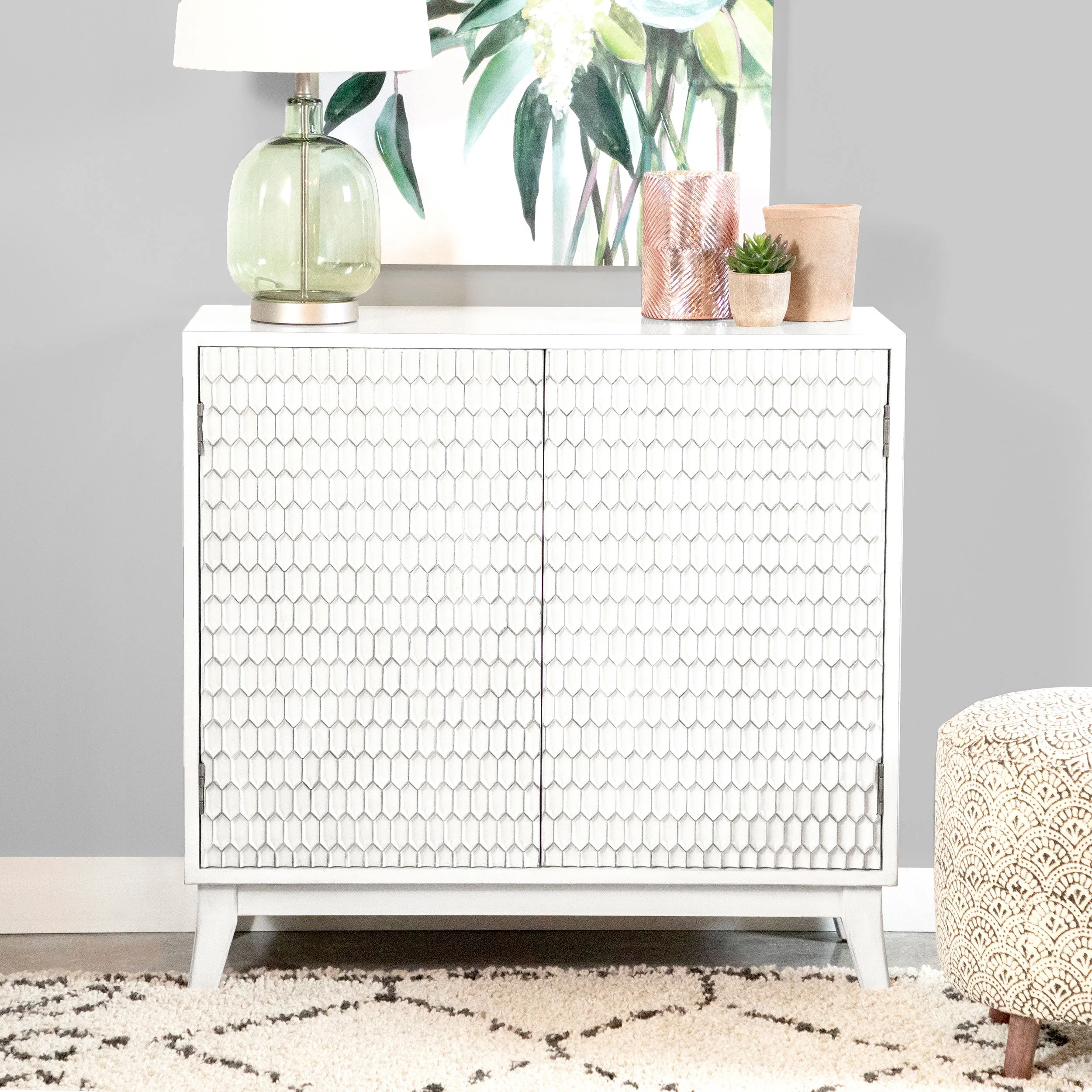 Gambon 2-door Wood Honeycomb Pattern Accent Cabinet White - Image 3