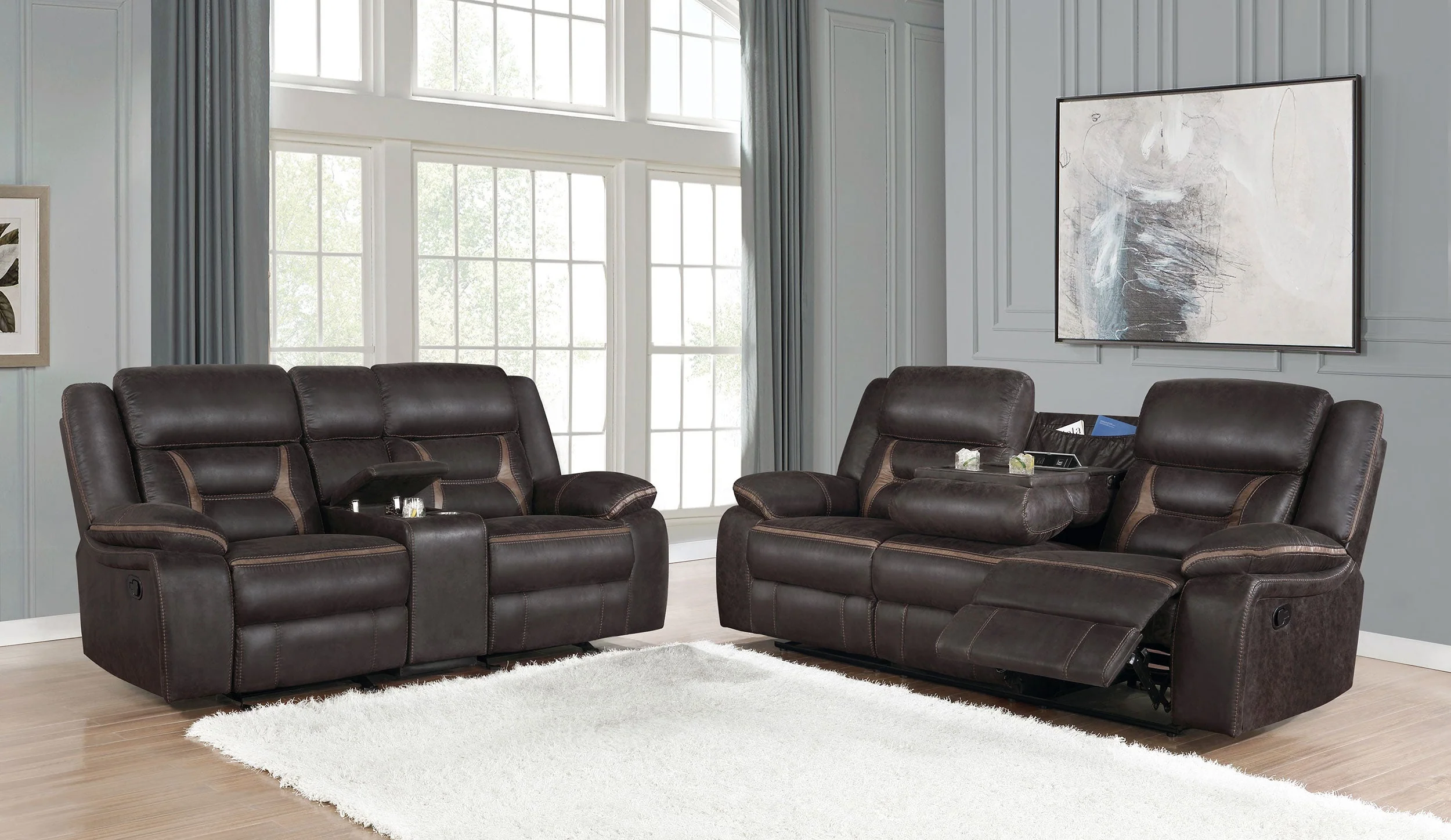 Greer Upholstered Reclining Sofa Set - Image 11