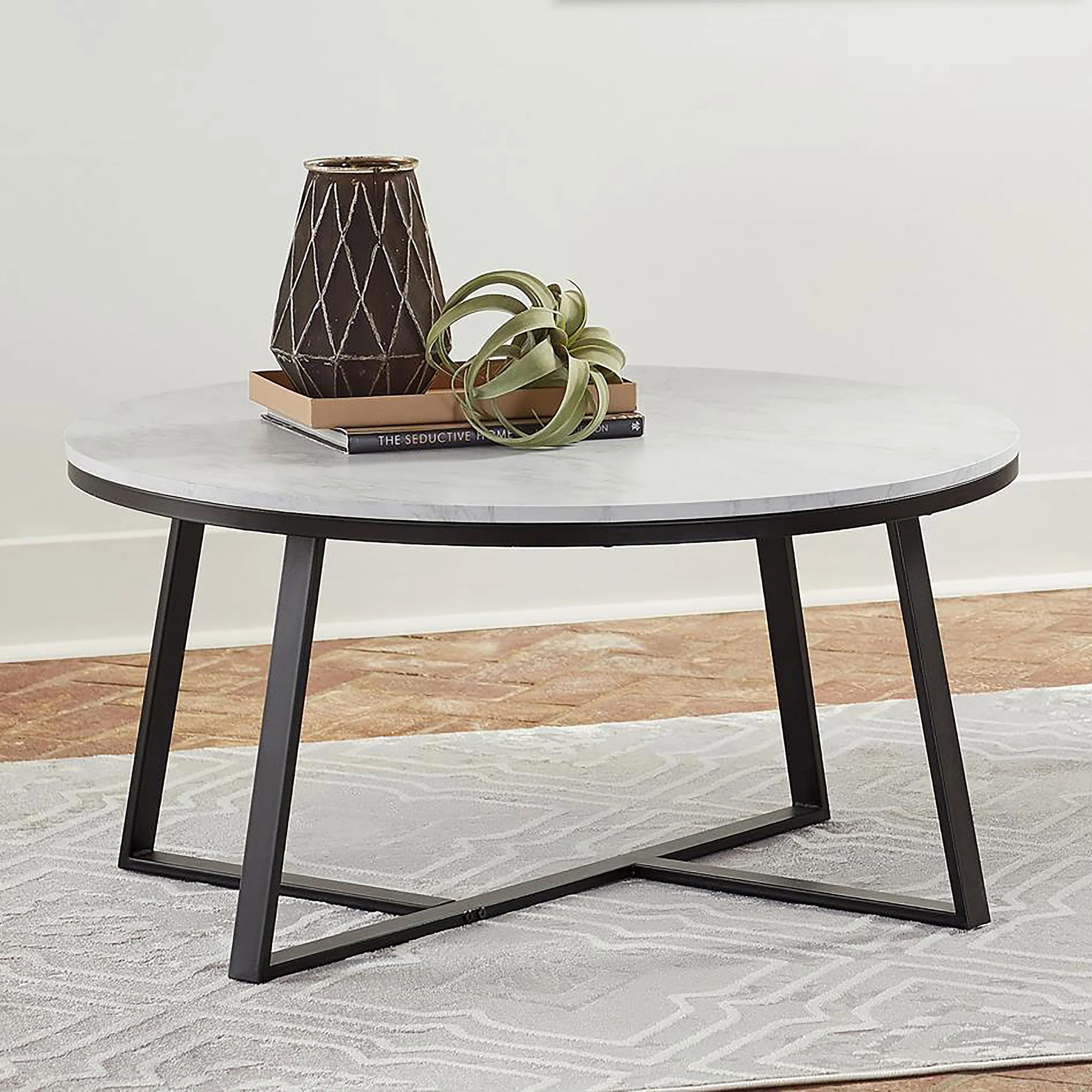 Hugo Round Faux Marble Coffee Table White and Matte Black - Image 3