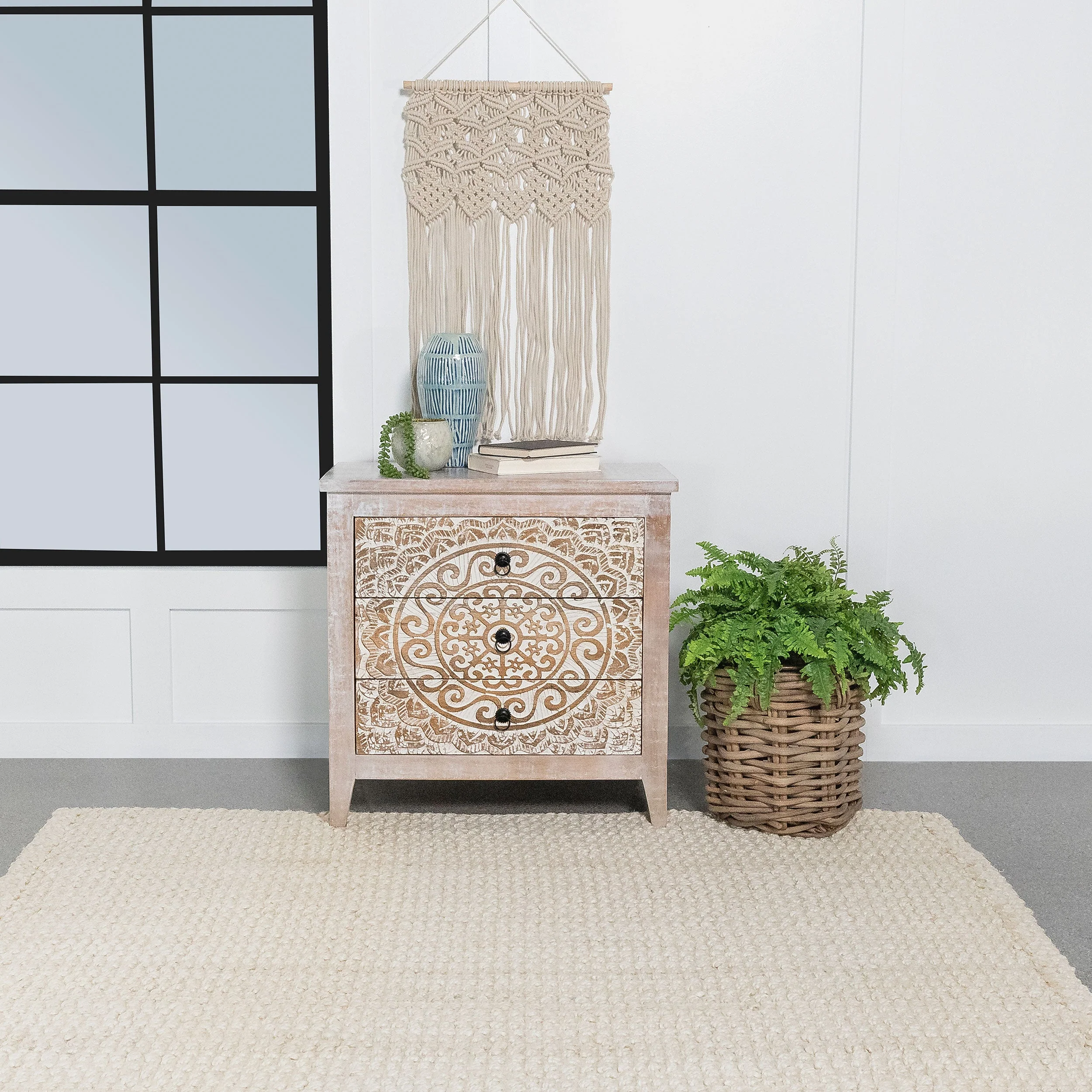 Mariska 3-drawer Wood Mandala Cabinet Distressed White - Image 3