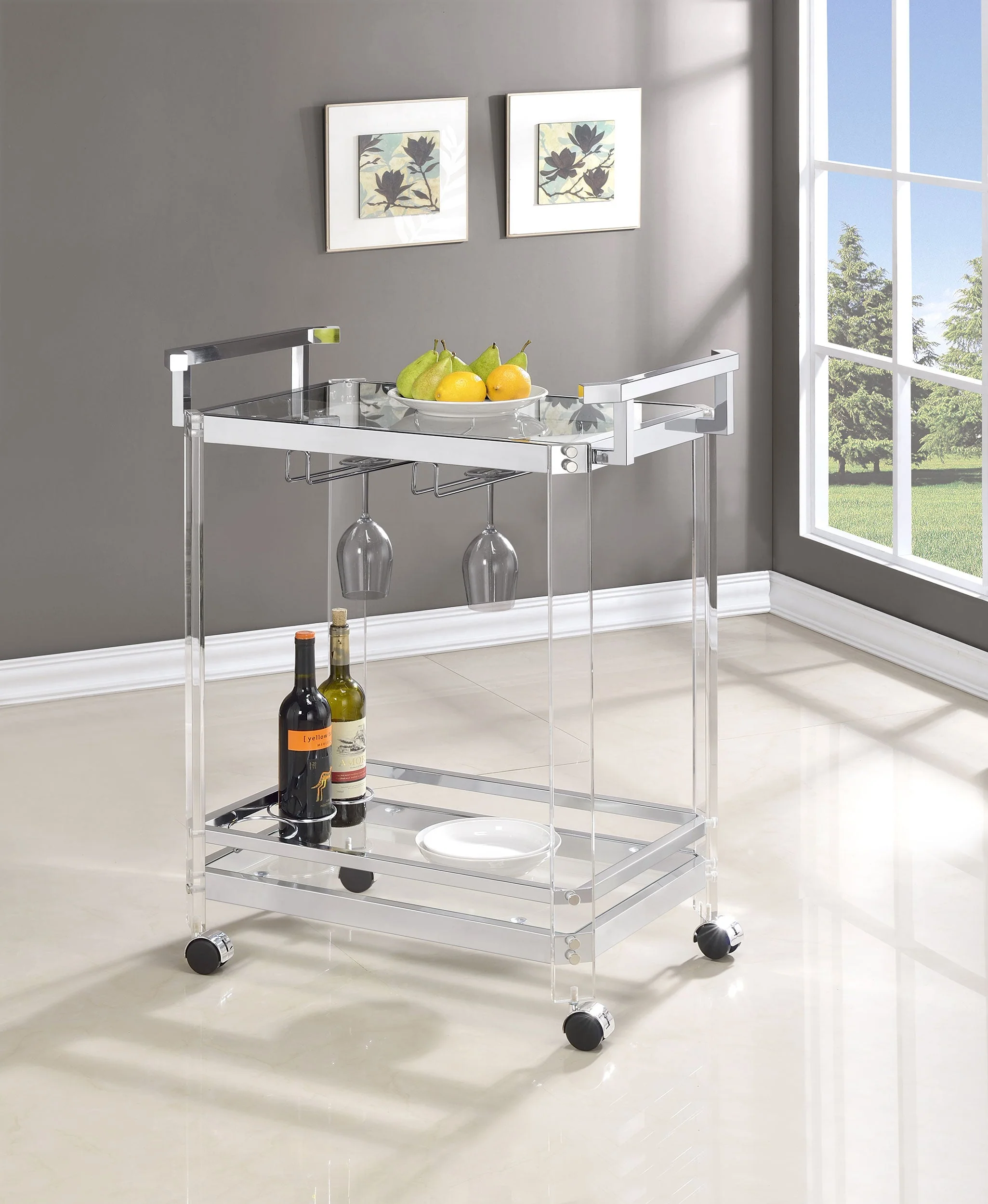 Jefferson 2-tier Glass Shelf Acrylic Bar Cart Chrome - Image 3