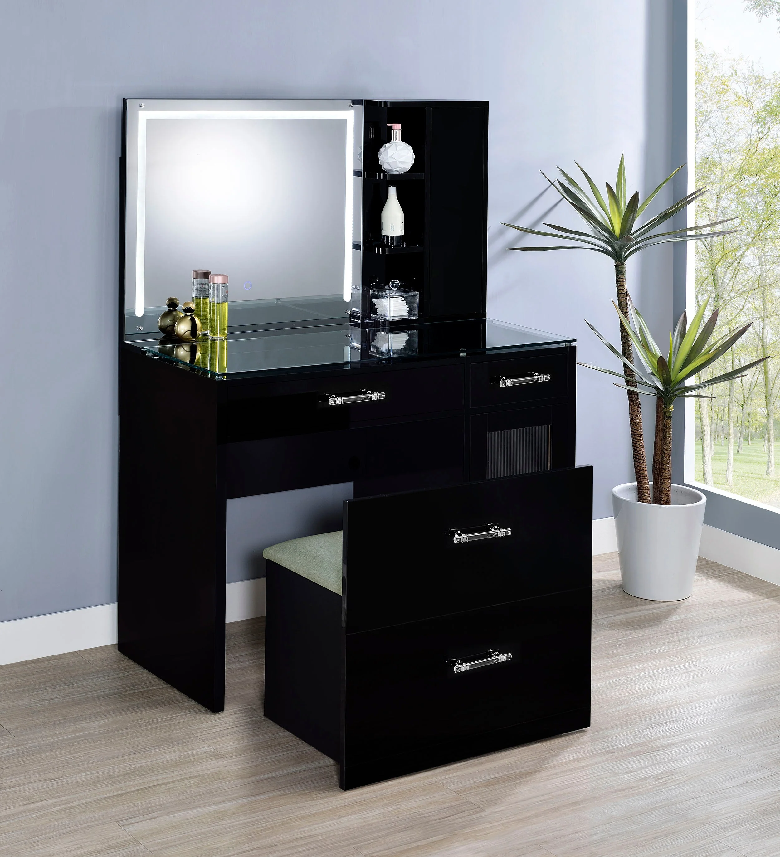 Flora 2-drawer Vanity Set with LED Mirror High Gloss - Image 8