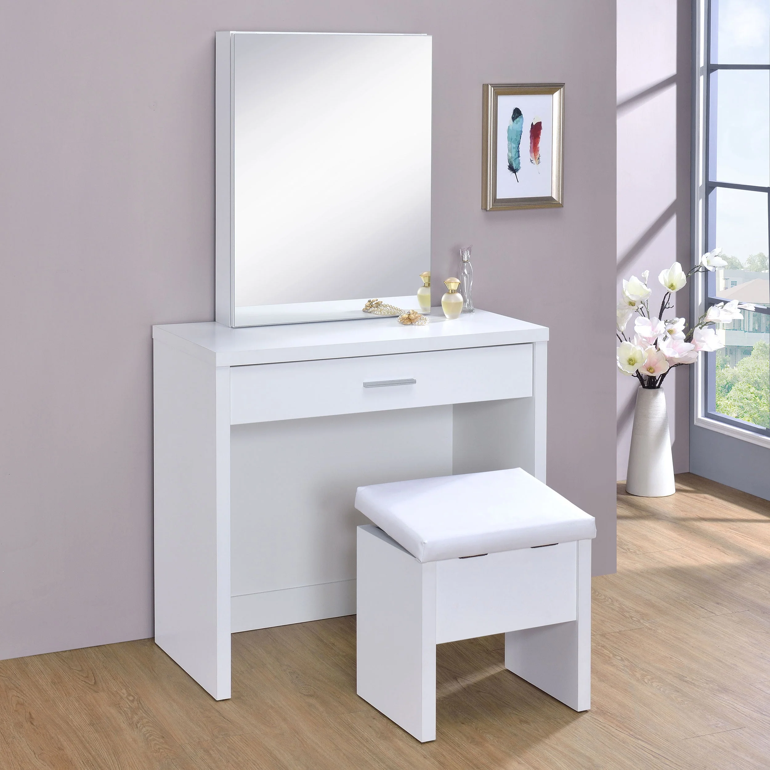 Harvey Vanity Set with Lift-Top Stool White - Image 3