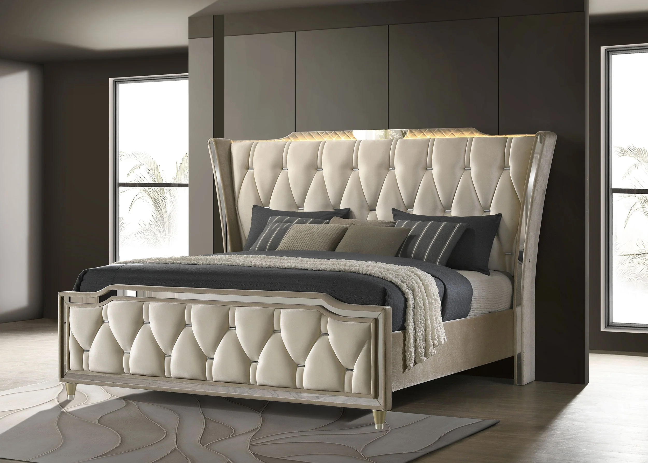 Lorient LED Upholstered Wingback Bed Ivory and Camel - Image 5