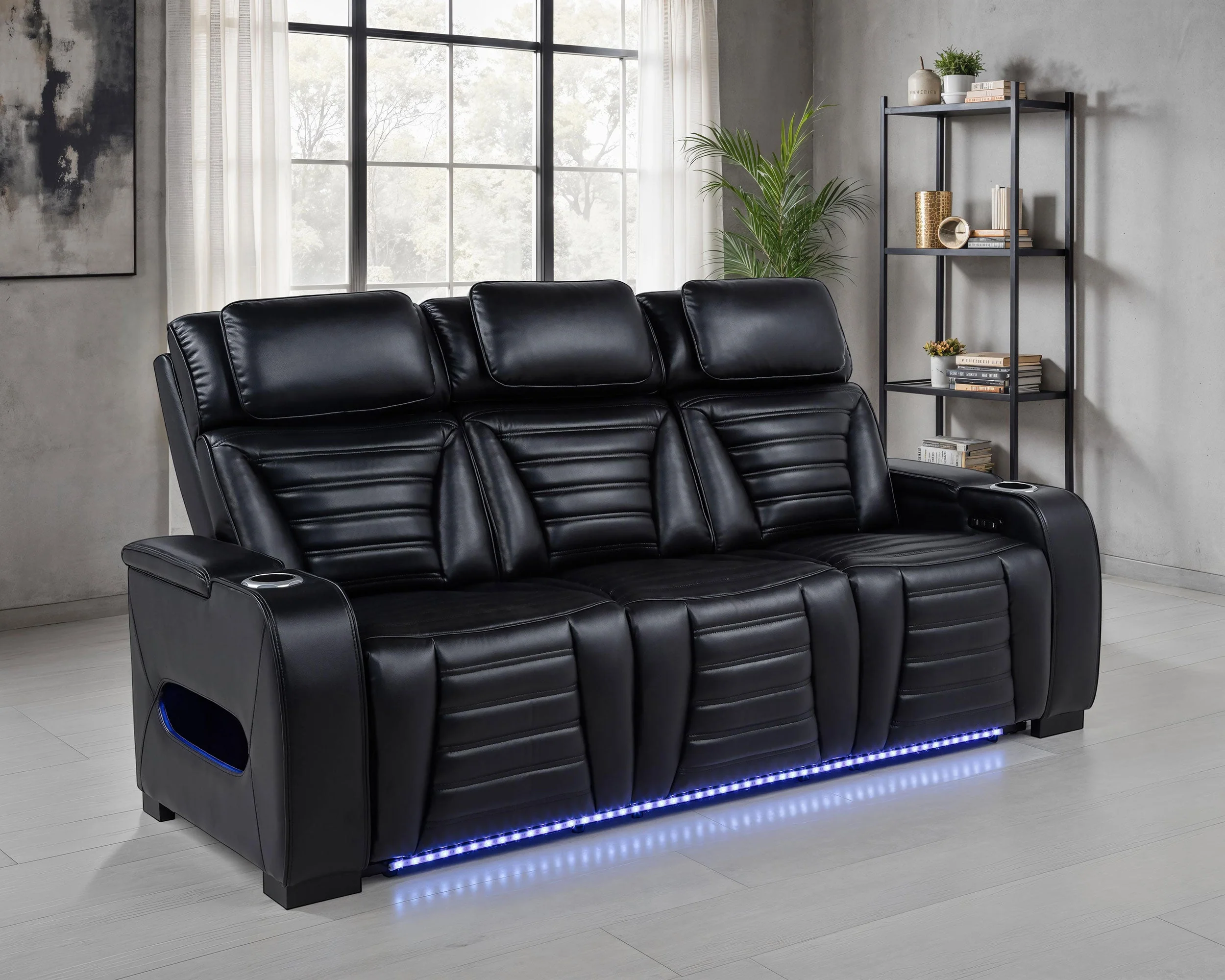 Zuma Faux Leather Dual Power Reclining LED Sofa Black - Image 3