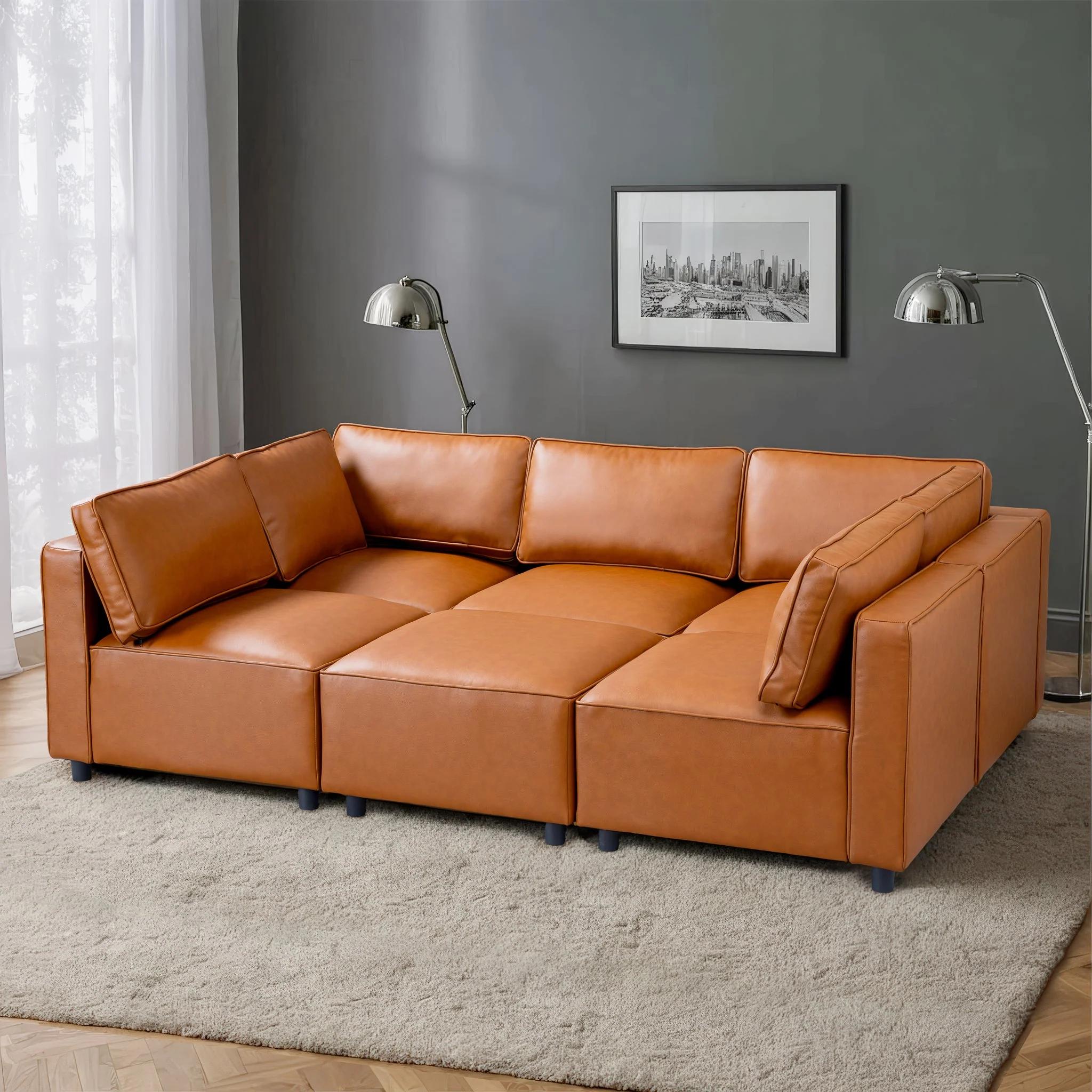 Reno Cognac Vegan Leather Modular Sofa - Image 3
