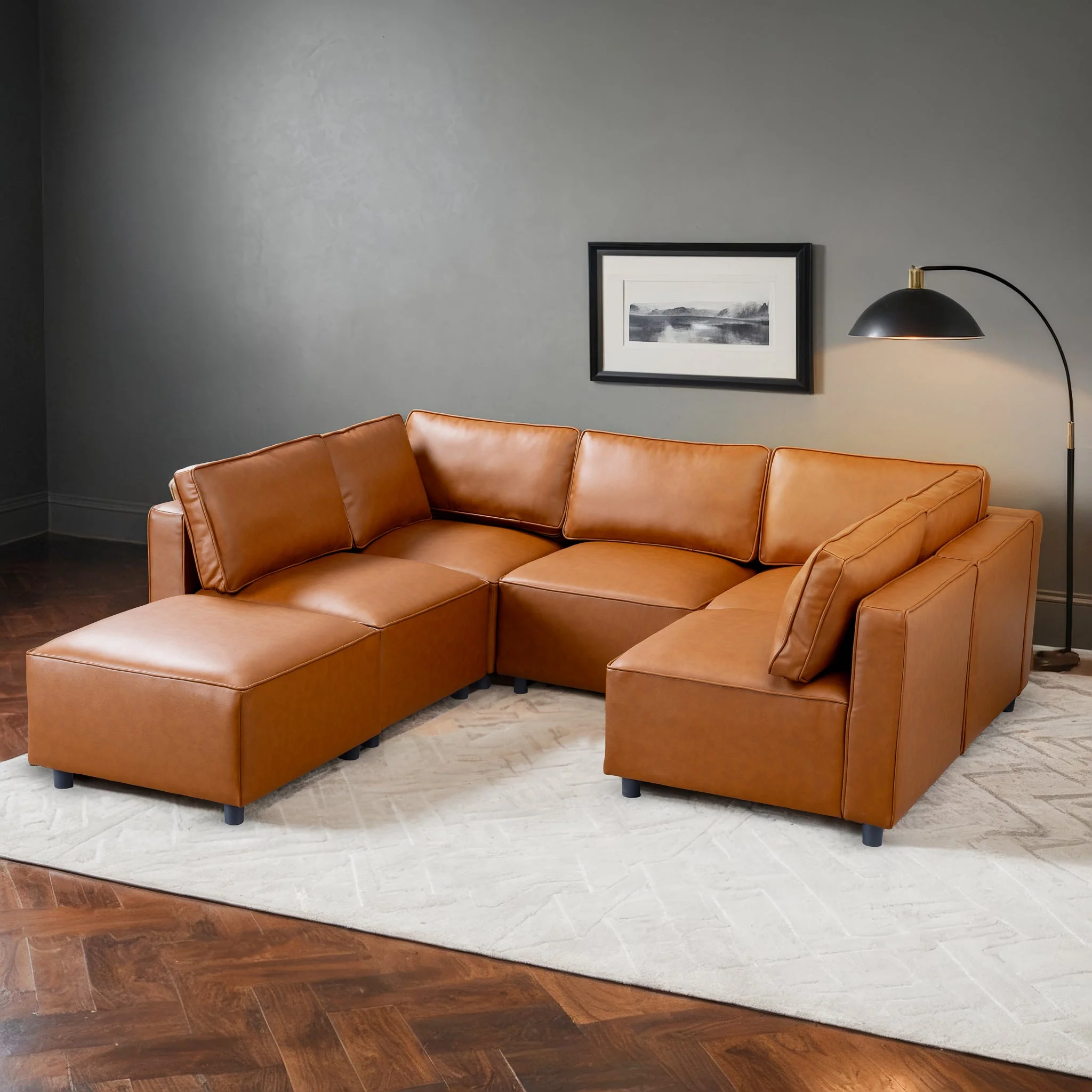 Reno Cognac Vegan Leather Modular Sofa - Image 4